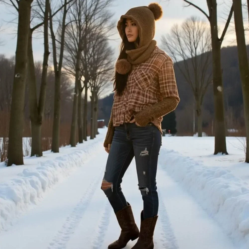 Brown Knitted Hooded Scarf Faux Fur Pom Pom Winter Beanie Scoodie NWT